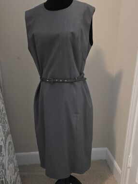 Peck & Peck Grey Sleeveless Sheath Dress with Waist Belt